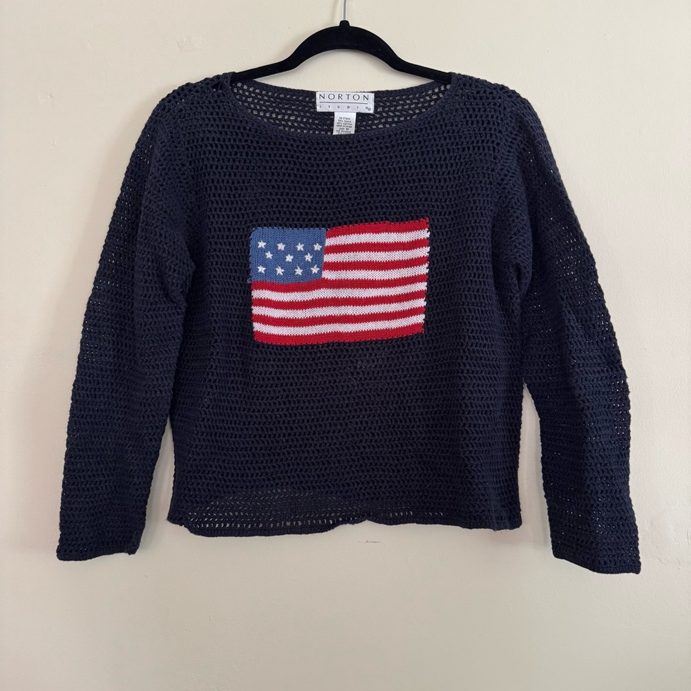Norton Navy Crochet Sweater with American Flag